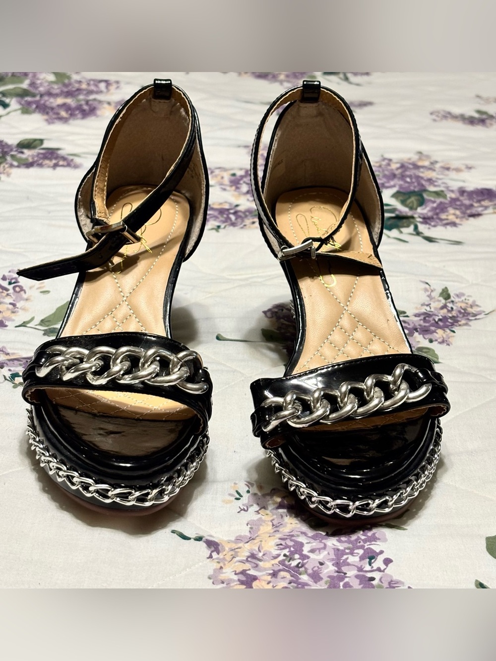 Black Patent Platform Sandals with Silver Chain Accent 7W Diane Gilman